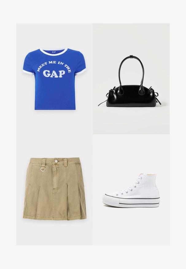 T-shirt en coton bleu avec un col rond et des poignets de manches blancs. Présente un texte à l'avant disant "RENCONTRE MOI DANS LE DÉCALAGE" en impression blanche vieillie.; Jupe en denim vert olive clair avec quatre plis plats, une fermeture à bouton à l'avant et un accent en boucle en métal sur la taille.; Baskets montantes blanches en toile, semelle en caoutchouc noir et bande noire contrastante sur la semelle intermédiaire. Bout rond et design à lacets.; Petit sac à main noir brillant avec deux longues anses et des détails à cordon sur les côtés sur un fond clair uni.