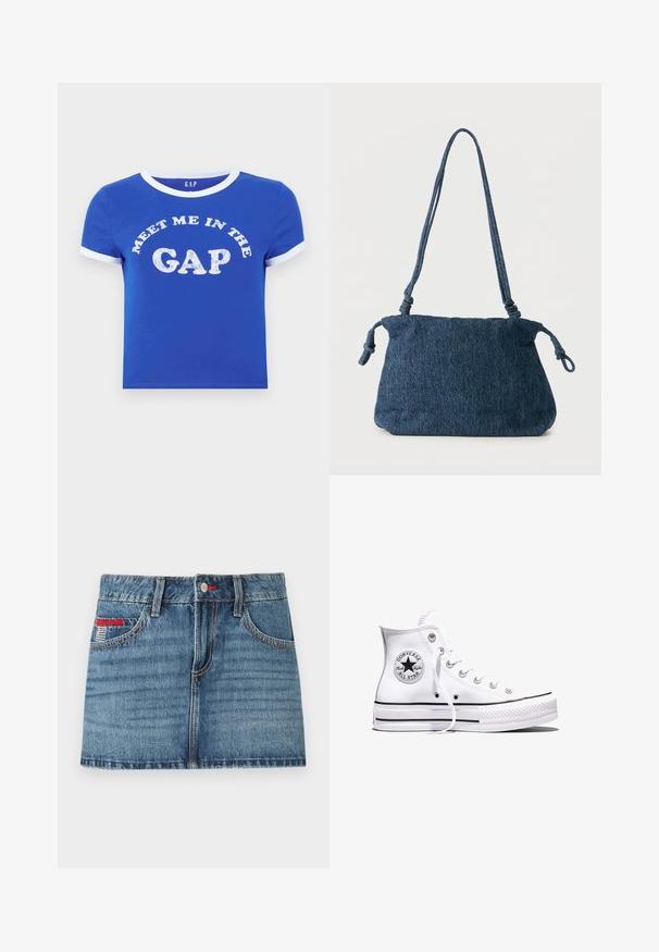T-shirt en coton bleu avec un col rond et des poignets de manches blancs. Présente un texte à l'avant disant "RENCONTRE MOI DANS LE DÉCALAGE" en impression blanche vieillie.; Jupe en denim mini en bleu moyen avec texture délavée, cinq poches et coutures rouges. Comprend une fermeture à bouton et des passants de ceinture.; Baskets blanches montantes Converse Chuck Taylor All Star avec des rayures noires et un patch logo sur le côté, présentées sur un fond blanc uni.; Sac d'épaule en denim bleu foncé avec extrémités de sangle nouées et forme rectangulaire simple sur fond blanc.