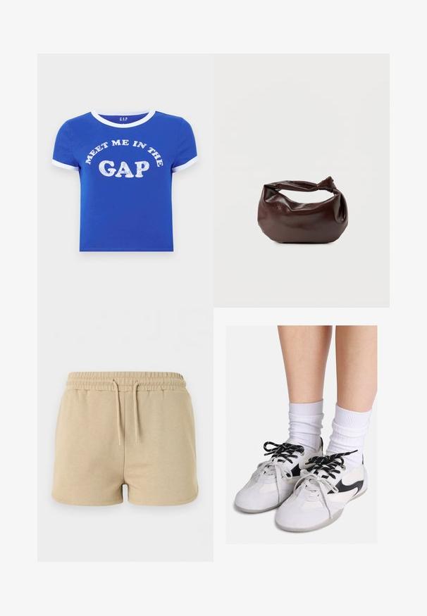 T-shirt en coton bleu avec un col rond et des poignets de manches blancs. Présente un texte à l'avant disant "RENCONTRE MOI DANS LE DÉCALAGE" en impression blanche vieillie.; Short beige en coton avec taille élastique et cordon à l’avant, conçu pour un usage décontracté.; Baskets blanches et noires avec une tige en daim et synthétique, bout rond, lacets texturés et col rembourré, portées avec des chaussettes blanches côtelées.; Sac bandoulière en cuir marron foncé avec une forme souple et décontractée et une anse nouée torsadée sur un fond blanc uni.