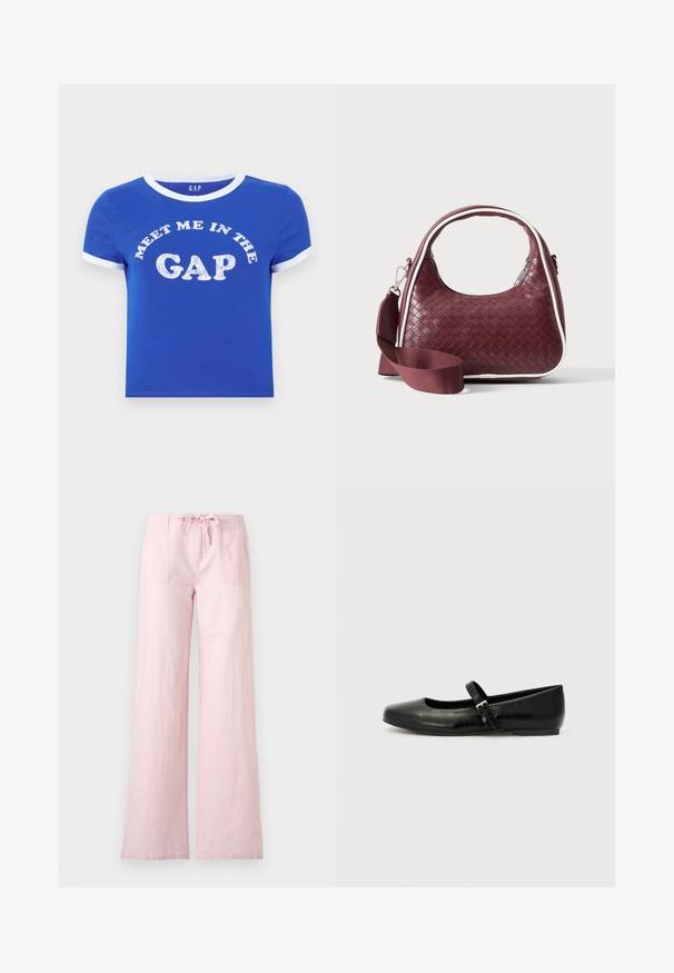 T-shirt en coton bleu avec un col rond et des poignets de manches blancs. Présente un texte à l'avant disant "RENCONTRE MOI DANS LE DÉCALAGE" en impression blanche vieillie.; Pantalon large rose clair avec poches plaquées devant, fermeture par boutons et cordon à la taille, présenté sur fond blanc.; Ballerines en cuir noir avec un bout arrondi, une semelle plate et une fine sangle ajustable sur le cou-de-pied avec une boucle en métal.; Sac à main en cuir tressé marron foncé avec poignée courbée, garniture blanche, fermeture éclair argentée et bandoulière large en tissu amovible sur fond uni.