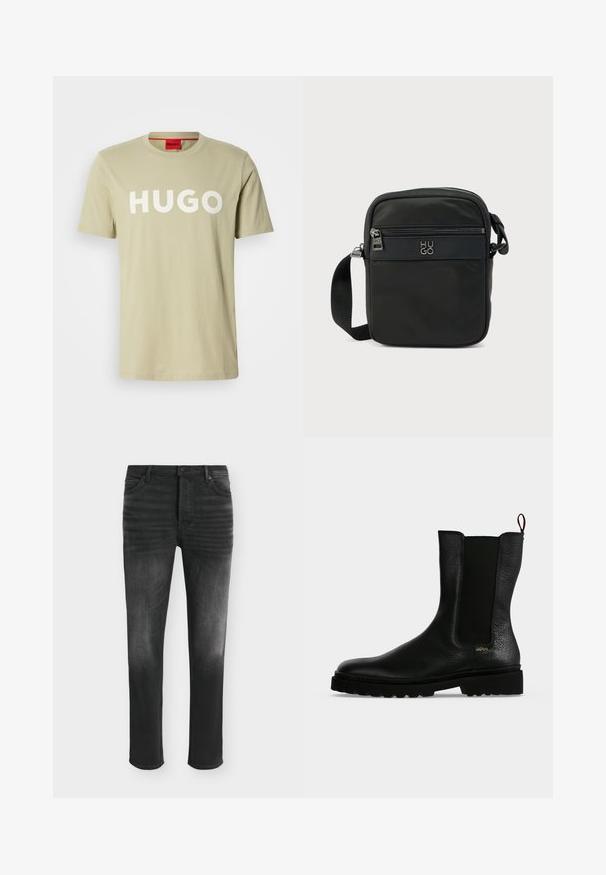 Camiseta de algodón color verde oliva con cuello redondo y un atrevido logo blanco "HUGO" en el frente. Mangas cortas, sin patrones o acentos visibles.; Vaqueros negros de corte ajustado con detalles desgastados, estilo de cinco bolsillos y cierre con botón en la cintura.; Botín negro de cuero con panel lateral elástico, suela gruesa y lengüeta en la parte trasera, con un pequeño logo dorado "Hugo" cerca del talón.; Bolso bandolera de nylon negro con un bolsillo delantero con cremallera, logo "HUGO" en relieve y una correa ajustable. Diseño rectangular compacto.