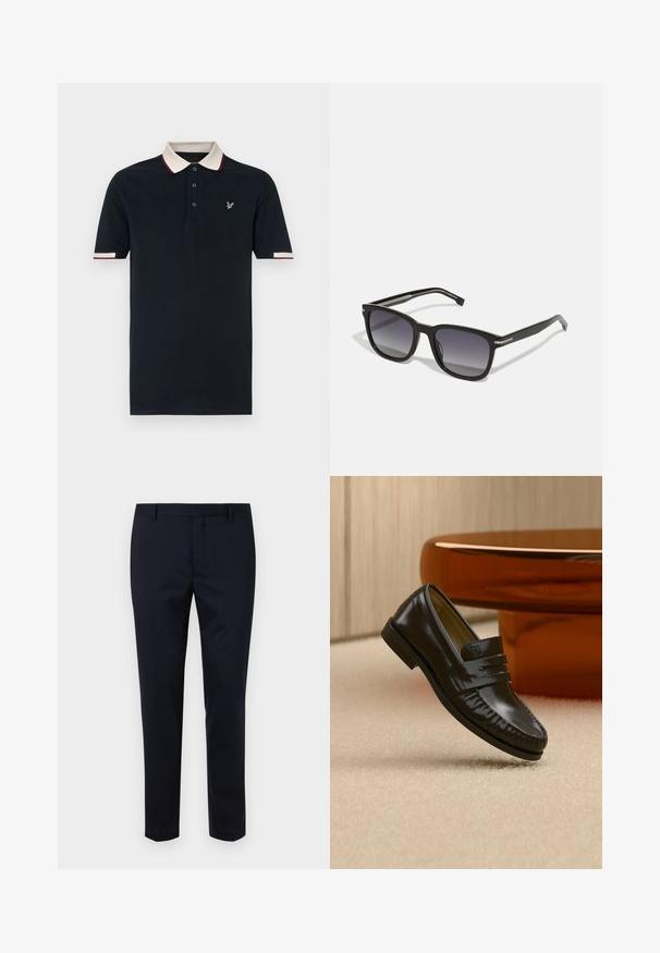 Navy-Polohemd mit kontrastierendem cremefarbenem und kastanienbraunem Kragen, Dreiknopfleiste und gesticktem Logo auf der Brust; Kurzarm.; Dunkelnavy maßgeschneiderte Hose aus glattem Stoff, mit flachem Front, Gürtelschlaufen und schlanker Passform. Keine sichtbaren Muster oder Akzente.; Glänzender schwarzer Leder-Loafer mit einem Riemendetail, auf einem beigen Teppich neben einem runden braunen Couchtisch in einem sanft beleuchteten Raum platziert.; BOSS Sonnenbrille - black