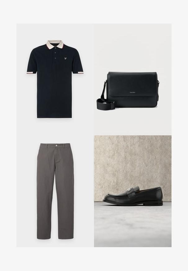 Navy-Polohemd mit kontrastierendem cremefarbenem und kastanienbraunem Kragen, Dreiknopfleiste und gesticktem Logo auf der Brust; Kurzarm.; Graue Baumwollhose mit geradem Bein, ausgestattet mit einem frontalen Knopf, Reißverschluss und seitlichen Taschen. Glatte Textur, ohne Muster.; Schwarzer Lederloafer mit einer Metallmarkenplatte, der nahe einem braunen runden Tisch auf beigem Teppichboden ruht.; Schwarze Leder-Umhängetasche mit strukturierter Oberfläche, verstellbarem Riemen und einer Vorderklappe mit dezentem Logo. Kompakte und rechteckige Form.