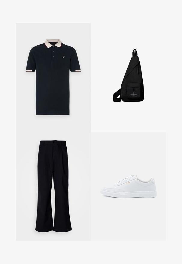 Navy-Polohemd mit kontrastierendem cremefarbenem und kastanienbraunem Kragen, Dreiknopfleiste und gesticktem Logo auf der Brust; Kurzarm.; Schwarze, weit geschnittene Baumwollhosen mit einem vorderen Faltenwurf, Knopfverschluss und Gürtelschlaufen, glatte Textur und keine sichtbaren Muster.; Weiße Leder-Sneaker mit glatter Textur, runder Zehenpartie und tonal abgestepptem Design. Mit blauen Schnürsenkeln und einem goldenen Logo an der Seite.; Schwarze dreieckige Crossbody-Tasche mit vorderer Reißverschlusstasche mit Calvin Klein Logo und verstellbarem Riemen.