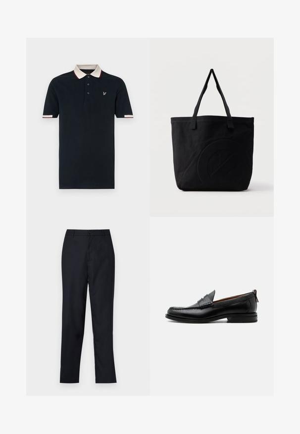 Navy-Polohemd mit kontrastierendem cremefarbenem und kastanienbraunem Kragen, Dreiknopfleiste und gesticktem Logo auf der Brust; Kurzarm.; Marineblaue Hose aus glattem Stoff, mit geradem Beinschnitt, einem einzigen Knopfverschluss und dezenten vorderen Falten.; Schwarzer Leder-Herrenschuh mit Mokassinnaht, Penny-Riemen, strukturiertem Kragen und niedrigem gestapeltem Absatz auf weißem Hintergrund.; Schwarze Canvas-Shopper-Tasche mit zwei Schulterriemen und einem dezenten, eingeprägten kreisförmigen Design auf der Vorderseite.