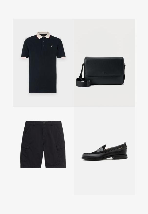 Navy-Polohemd mit kontrastierendem cremefarbenem und kastanienbraunem Kragen, Dreiknopfleiste und gesticktem Logo auf der Brust; Kurzarm.; Schwarze Cargo-Shorts mit vorderem Knopf und Reißverschluss, zwei seitlichen Taschen, zwei Klappentaschen und Gürtelschlaufen.; Schwarzer Lederloafer mit grauem Riemendetail, niedrigem Absatz und strukturierter Sohle, seitlich mit „HUGO“ in Gold gebrandmarkt.; Schwarze Leder-Umhängetasche mit strukturierter Oberfläche, verstellbarem Riemen und einer Vorderklappe mit dezentem Logo. Kompakte und rechteckige Form.