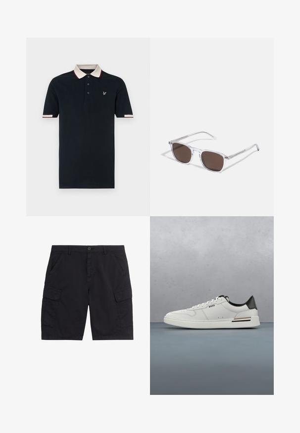 Navy polo shirt met een contrasterende crème en bordeauxkleurige kraag, een drie-knopen placket en geborduurd logo op de borst; korte mouwen.; Zwarte cargoshorts met knoop en ritssluiting aan de voorkant, twee zijzakken, twee cargozakken met klep en riemlussen.; Witte lage sneaker met zwarte hiel, vetersluiting, subtiele perforaties en het "BOSS" logo aan de zijkant, getoond vanuit het zijprofiel.; Heldere plastic zonnebril met rechthoekige bruine lenzen, voorzien van dunne, doorzichtige veren en metalen accenten op de sleep.