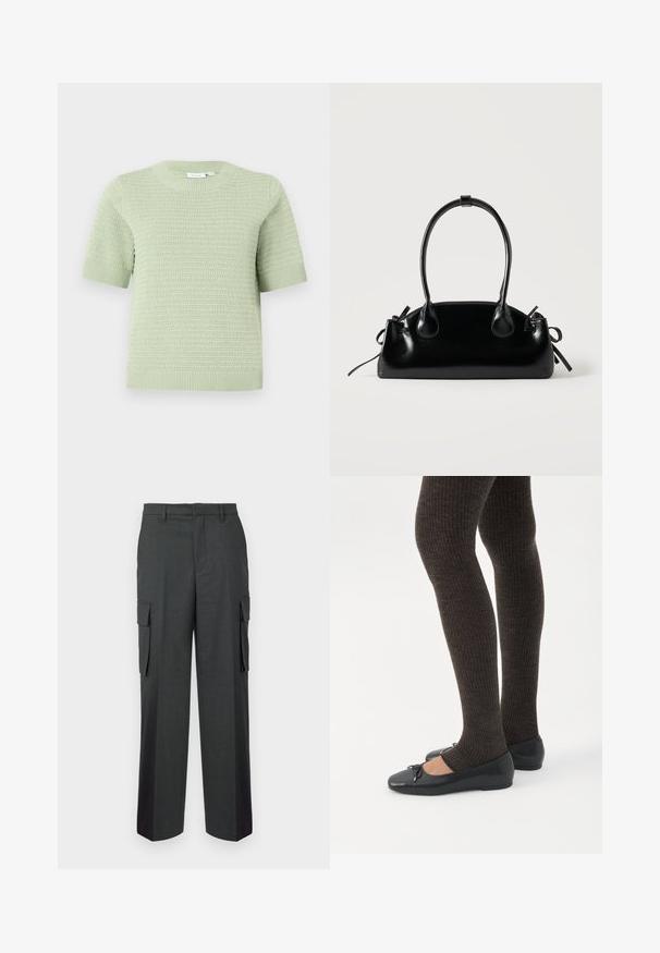 Pull en tricot à manches courtes de couleur vert clair avec un motif texturé. Il présente un col rond ainsi que des poignets et un ourlet côtelés. Matière douce et respirante.; Pantalons cargo droits gris foncé avec poches à rabat sur les côtés et passants de ceinture, présentés sur un fond blanc uni.; Jambes portant des leggings côtelés foncés associés à des ballerines noires avec de petits détails en nœud sur fond blanc.; Petit sac à main noir brillant avec deux longues anses et des détails à cordon sur les côtés sur un fond clair uni.