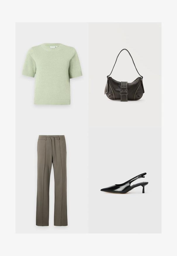 Pull en tricot à manches courtes de couleur vert clair avec un motif texturé. Il présente un col rond ainsi que des poignets et un ourlet côtelés. Matière douce et respirante.; Pantalons kaki avec une coupe droite, taille à cordon de serrage et deux plis sur le devant. Fabriqués dans un tissu doux et texturé.; Escarpins à talons slingback en cuir verni noir avec un bout pointu, un talon fin et une sangle réglable. Texture lisse avec un détail minimal.; Sac à épaule en cuir noir avec une sangle à boucle, des bords arrondis et des coutures blanches contrastées sur un fond uni.