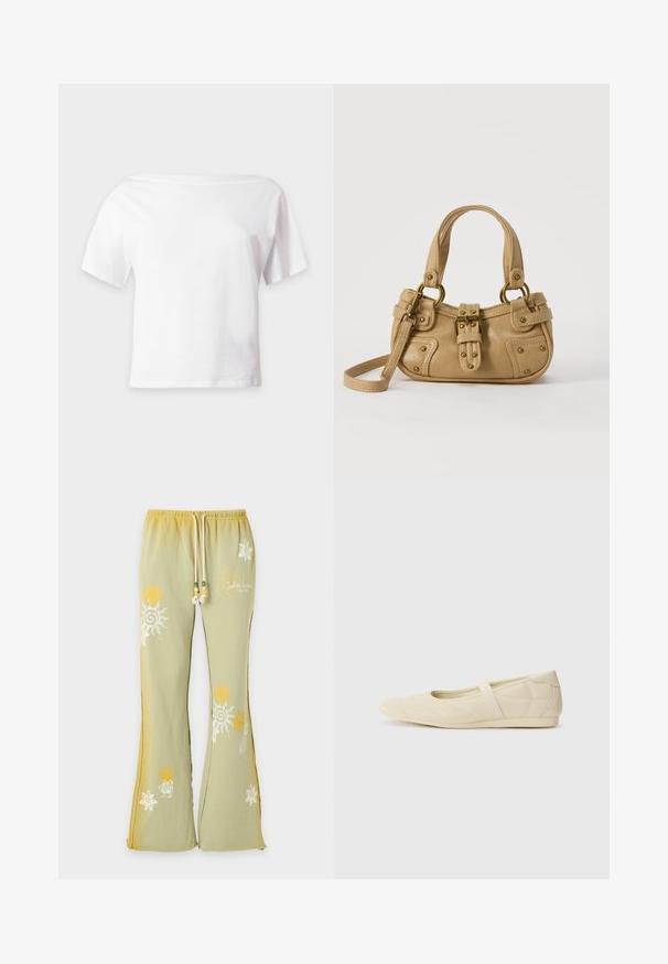 Camiseta blanca de manga corta con escote amplio y bajo recto, mostrada sobre un fondo liso gris claro.; Pantalones deportivos acampanados de color verde claro con patrones de sol en amarillo y blanco, y cintura con cordón y cuentas.; Bailarinas beige con un exterior de cuero liso, punta en forma de almendra y una correa elástica en el empeine, con detalles de costura sutiles.; Bolso de cuero beige con doble asa, hebilla y remaches de latón, y una correa de hombro ajustable sobre un fondo blanco.