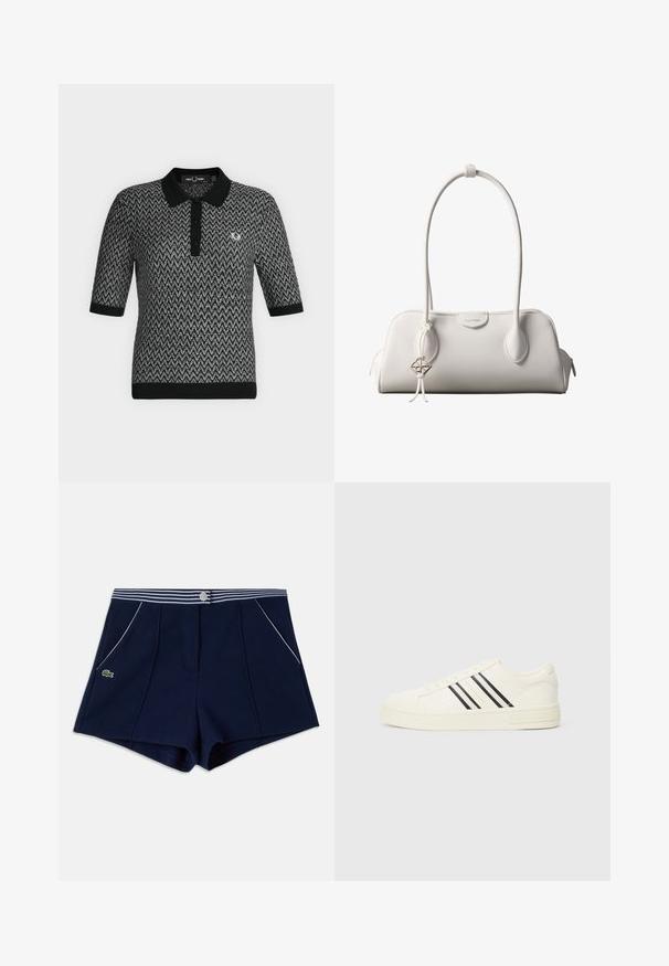 Polo manches courtes à motif chevron noir et gris avec col, poignets, ourlet noirs et petit logo brodé sur le côté gauche de la poitrine.; Short bleu marine avec taille à rayures blanches, bouton-pression à l'avant, poches latérales avec bordure blanche et petit logo crocodile vert sur le côté gauche.; Baskets en toile blanches avec un bout rond, trois rayures noires et une semelle en caoutchouc texturée. Marque sur le côté et le talon.; Sac à bandoulière blanc Calvin Klein avec longues poignées, forme rectangulaire, fermeture éclair et charm logo décoratif suspendu près de la poignée.