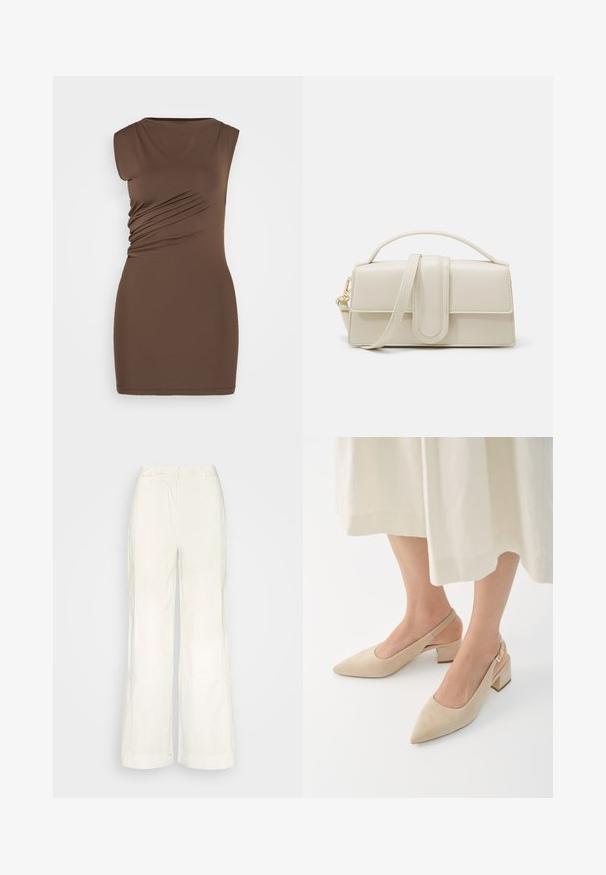 Bruine, mouwloze jurk met een getailleerde pasvorm. Kenmerkt zich door zijruche en een gladde, elastische stof. Eenvoudige rondhalslijn, lengte boven de knie.; Sofie Schnoor TROUSERS - Broek - cream; Beige suède slingback pumps met een spitse neus en blokhak. Het ontwerp heeft uitsparingen aan de zijkanten en een gouden gespaccent.; Crème-kleurige leren handtas met een rechthoekige vorm, platte handgreep en afneembare schouderband; heeft een voorklep met een magnetische sluiting.