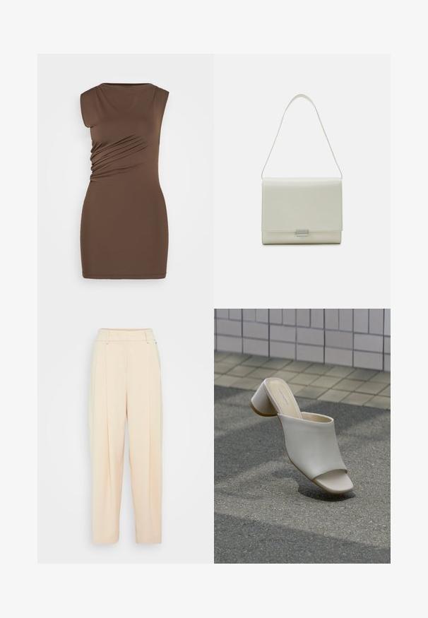 Bruine, mouwloze jurk met een getailleerde pasvorm. Kenmerkt zich door zijruche en een gladde, elastische stof. Eenvoudige rondhalslijn, lengte boven de knie.; Lichtbeige wijde broek met hoge taille, voorzien van twee zijzakken en dubbele plooien voor extra detail. Glad, zacht materiaal.; Enkele witte open teen mule met blokhak op geplaveide grond nabij betegelde muur, schuin geplaatst om zij- en bovenaanzichten te tonen.; Calvin Klein ARCHIVE SHOULDER BAG SHINY - Handtas - ecru