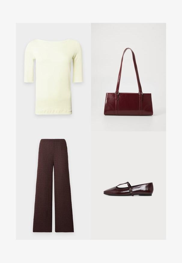 T-shirt jaune pâle avec un col rond dégagé et des manches trois-quarts. Fabriqué en tissu lisse et extensible, avec un ourlet droit et un design minimaliste.; Pantalon marron à jambes larges avec une ceinture élastique, conçu dans un tissu froissé et de longueur complète.; Chaussure plate en cuir bordeaux foncé avec un bout pointu et une fine bride en T avec une boucle argentée sur fond blanc.; Sac à main bordeaux en matériau brillant, de forme rectangulaire, avec deux anses et des accents légèrement courbés à l'avant.