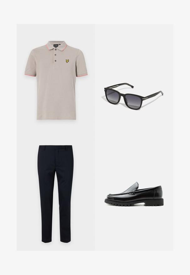 Polo de color gris claro con cuello, tres botones y acentos rosas en las mangas. Presenta un logo amarillo en el pecho. Material de algodón.; Pantalones oscuros de sarga navy, hechos de una tela suave, con frente plano, trabillas para cinturón y un diseño ajustado. Sin patrones ni acentos visibles.; Mocasín de cuero negro con suela de goma gruesa, empeine cosido y nombre de la marca en relieve en el talón, mostrado en perfil lateral sobre fondo blanco.; BOSS Gafas de sol - black