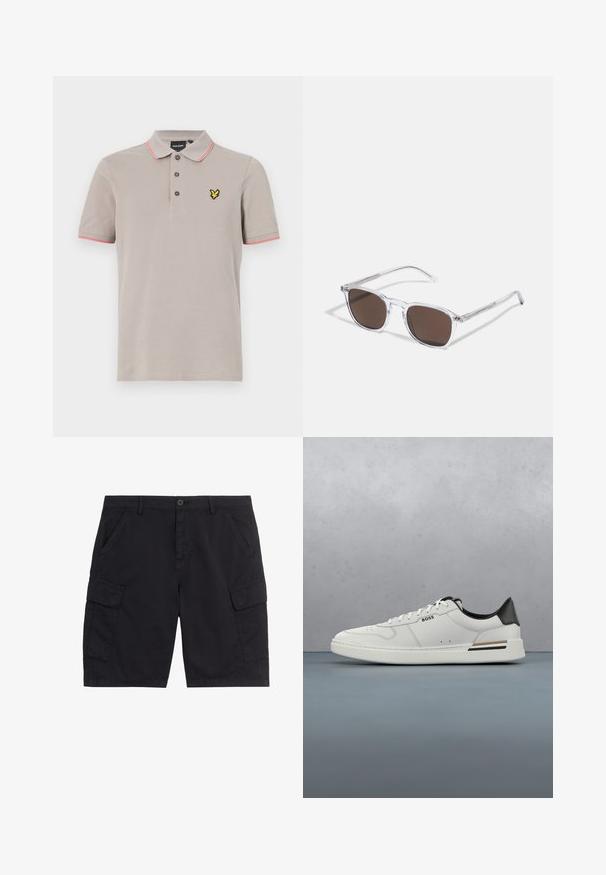 Lys grå polo skjorte med krave, tre knapper og pink accenter ved ærmerne. Har et gult logo på brystet. Lavet af bomuldsstof.; Sorte cargoshorts med frontknap og lynlås, to sidelommer, to klaplommer og bæltestropper.; Hvide lavtoppede sneakers med sort hæl, snørebånds lukning, subtile perforeringer og "BOSS" logo på siden, vist fra ydersiden i profil.; Klare plastik solbriller med rektangulære brune linser, med tynde, transparente stænger og metal accenter på templerne.