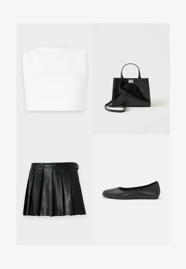 Λευκό crop top χωρίς μανίκια με ψηλό λαιμό, κατασκευασμένο από λείο ύφασμα, με εφαρμοστή γραμμή και καθαρές άκρες.; Μίνι φούστα από μαύρο δερματίνη με πιέτες και λεπτομέρεια πλαϊνής πόρπης σε απλό φόντο.; Μαύρο δερμάτινο μπαλαρίνι με στρογγυλή μύτη, λεία υφή, ελάχιστες λεπτομέρειες ραφής και σχεδίαση ευέλικτης σόλας.; Μαύρη τσάντα χειρός από πατενταρισμένο δέρμα με στρογγυλεμένες λαβές, αποσπώμενο ιμάντα ώμου και ασημένιο κούμπωμα σε απλό λευκό φόντο.