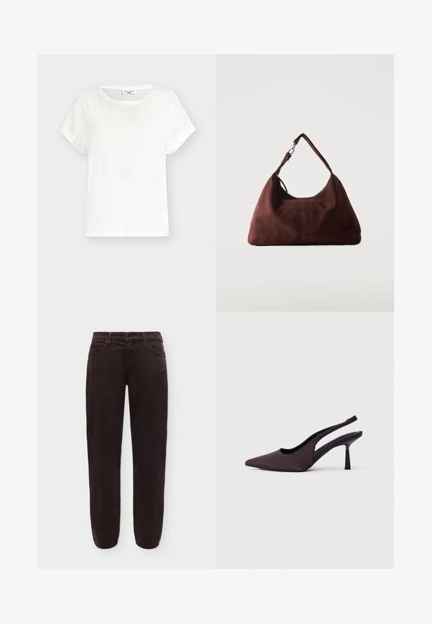 T-shirt blanc à manches courtes avec col rond, coupe décontractée et manches légèrement retroussées, présenté sur un fond gris clair.; Pantalon droit marron foncé avec bouton et fermeture éclair à l'avant, passants de ceinture et poches latérales, présenté sur fond blanc.; Chaussure à talon slingback en tissu violet foncé. Design à bout pointu, côtés ouverts, et talon mince de forme carrée. Texture lisse.; Sac bandoulière en daim marron doux avec une seule lanière et des accessoires métalliques argentés sur un fond clair uni.