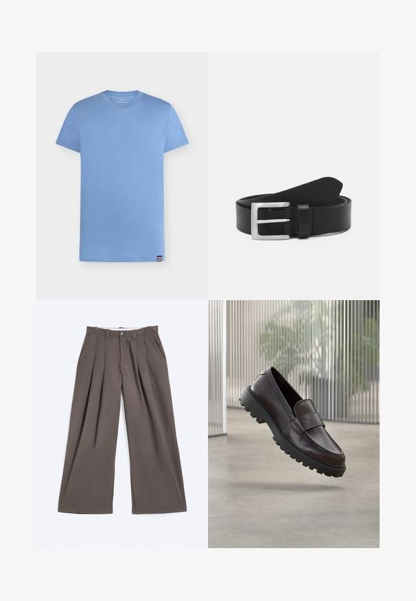T-shirt bleu clair à manches courtes et col rond avec une petite étiquette rayée noire et blanche en bas de l'ourlet sur fond blanc.; Pantalon marron à jambes larges avec plis, passants de ceinture, fermeture par bouton et poches latérales, posé à plat sur un fond blanc.; Chaussure à enfiler en cuir marron avec un bout rond et une semelle en caoutchouc noire robuste. Présente une bride décorative traversant le coup de pied.; Ceinture en cuir noir avec une texture lisse, boucle rectangulaire en argent et une boucle pour l'extrémité. Présente des coutures soignées le long des bords.
