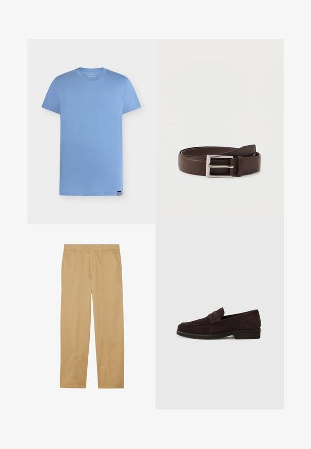 T-shirt bleu clair à manches courtes et col rond avec une petite étiquette rayée noire et blanche en bas de l'ourlet sur fond blanc.; Pantalons kaki en tissu lisse, avec une coupe droite, deux poches avant et des détails de couture épurés et minimaux.; Mocassins en daim marron avec une silhouette basse et un embout arrondi. Présentent une sangle décorative sur le dessus, une semelle en caoutchouc plate et sans couture visible.; Ceinture en cuir marron foncé avec une boucle rectangulaire en argent, soigneusement enroulée sur un fond blanc uni.