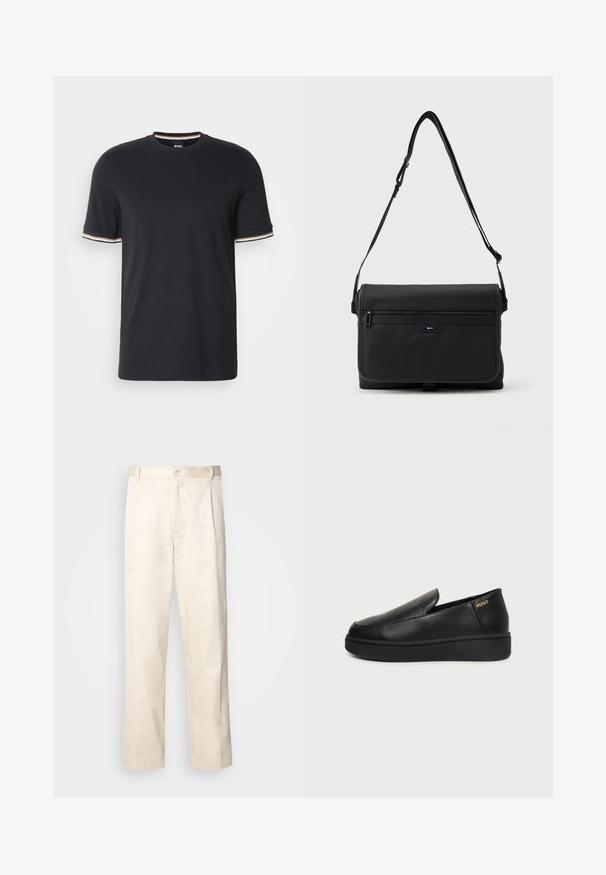 Schwarzes Baumwoll-T-Shirt mit Rundhalsausschnitt und kurzen Ärmeln, die an den Bündchen mit gestreiften Akzenten in Weiß, Orange und Blau versehen sind.; Beige Baumwollhose mit geradem Bein, ausgestattet mit einem Knopfverschluss und Falten an der Vorderseite für zusätzliche Details.; Schwarzer Lederschlupfschuh mit dicker Sohle und kleinen seitlichen Belüftungslöchern, mit goldenem "HUGO"-Logo nahe der Ferse.; Schwarze rechteckige Umhängetasche mit verstellbarem Schultergurt, vorderer Reißverschlusstasche und kleinem geprägtem "BOSS"-Logo auf der Klappe.