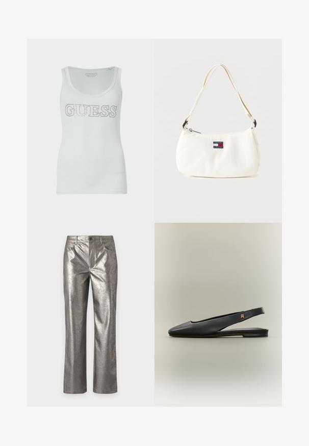 Witte geribbelde tanktop met een ronde halslijn en een zilveren glitter "GUESS" logo over de borst. Zacht, rekbaar materiaal.; Metalen zilveren broek met een rechte snit, vijf zakken en een knoopsluiting. Gladde textuur met een subtiele glans en een minimalistisch ontwerp.; Zwarte leren slingback platte schoen met spits toelopende neus en gouden logo-accent op het bandje, weergegeven op een neutrale achtergrond.; Witte schoudertas met verstelbare riem en Tommy Jeans logo patch aan de voorkant, tegen een effen achtergrond.