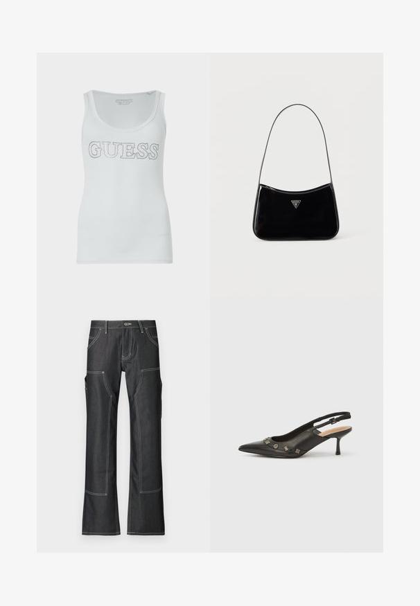 Top sin mangas blanco con textura acanalada y un escote redondeado, que presenta un logo en glitter plateado "GUESS" en el pecho. Tejido suave y elástico.; Pantalones cargo de denim oscuro con costuras en contraste blancas, que cuentan con múltiples bolsillos y un diseño de pierna acampanada. Tejido duradero y cierre de botón de metal.; Zapato de tacón con talón descubierto en piel negra, punta puntiaguda, tacón pequeño y detalles metálicos decorativos a lo largo de la abertura frontal. Textura lisa.; Bolso de hombro de charol negro con correa delgada, logotipo triangular de Guess en el frente y cierre superior con cremallera.