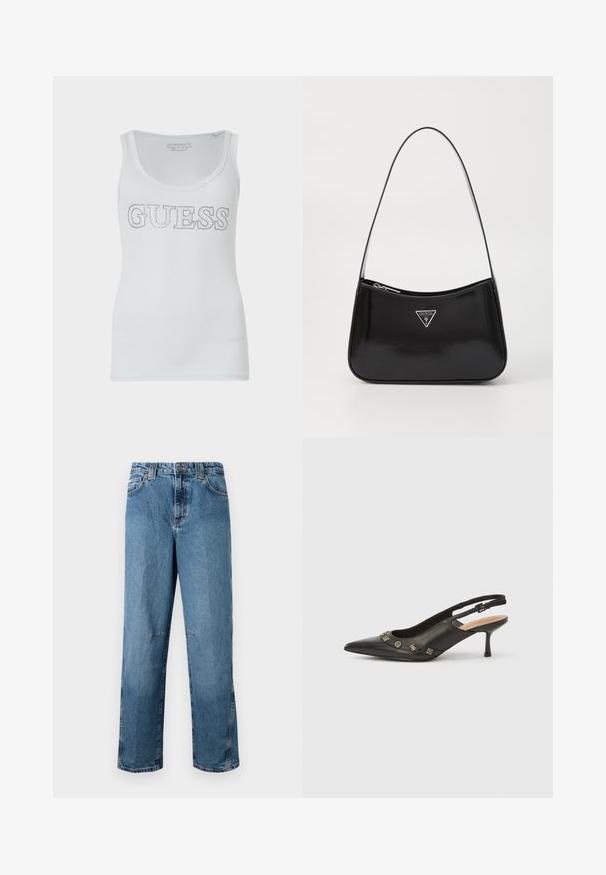 Top sin mangas blanco con textura acanalada y un escote redondeado, que presenta un logo en glitter plateado "GUESS" en el pecho. Tejido suave y elástico.; Jeans de denim de color azul claro con corte recto, con bolsillos cosidos, cierre de botón en el frente y un desvanecimiento mínimo en la tela.; Zapato de tacón con talón descubierto en piel negra, punta puntiaguda, tacón pequeño y detalles metálicos decorativos a lo largo de la abertura frontal. Textura lisa.; Bolso de hombro de charol negro con forma curva, que presenta un logotipo triangular plateado y un cierre de cremallera. Textura suave y correa delgada.
