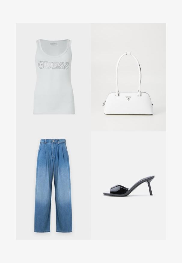 Valkoinen ribbed-hihaton paita, jossa on pyöreä pääntie ja hopeinen kimaltava "GUESS" -logo rinnassa. Pehmeä, venyvä kangas.; Vaaleansiniset denim-housut korkealla vyötäröllä, rento leveä lahje ja etuolkaimet. Varustettu nappi- ja vetoketjukiinnityksellä.; Musta kiiltävä patenttinahasta valmistettu avokärkinen korkokenkä, jossa on käyrä yläosa ja kapeneva piikkikorko. Sileä kiiltävä pinta.; Valkoinen nahkalaukku, jossa on kaareva muoto, hopeinen kolmion muotoinen logo ja vetoketjukiinnitys. Liukas pinta ja kaksinkertaiset kahvat.