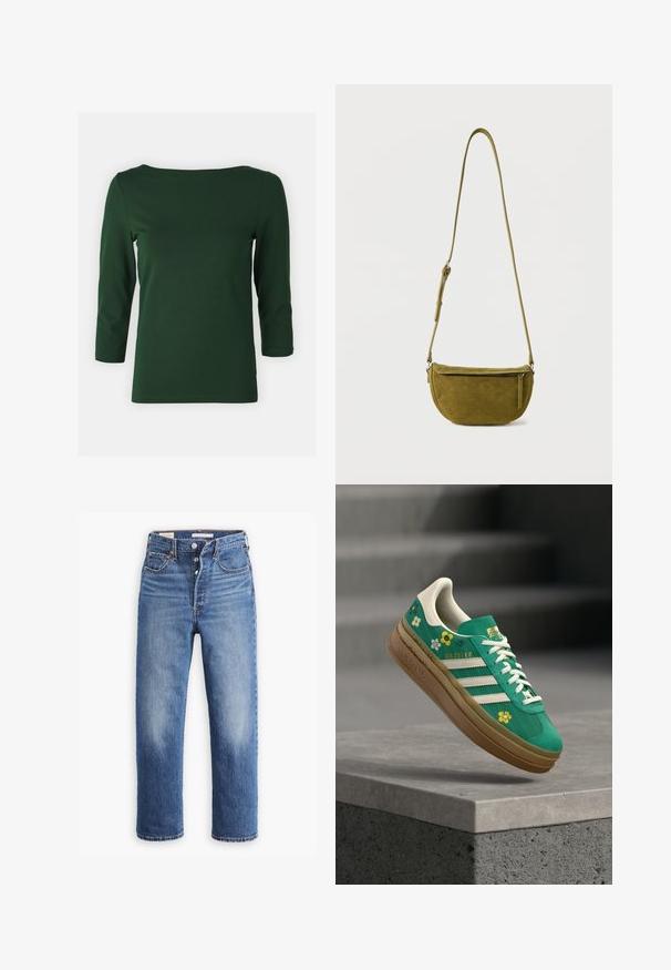 Top de color verde oscuro, de manga larga y con escote barco. Textura suave, diseño ajustado y mangas de longitud media. Sin patrones ni acentos visibles.; Vaqueros de mezclilla azul con cintura alta, diseño de pierna recta y áreas desgastadas. Presentan bolsillos frontales y herrajes de metal.; Zapatilla verde de ante con detalles en blanco, que presenta diseños florales en amarillo y blanco, y una suela de goma color canela. La etiqueta dice "Gazelle".; Bolso bandolera de ante verde oliva con correa ajustable y bolsillo frontal con cremallera sobre fondo blanco liso.