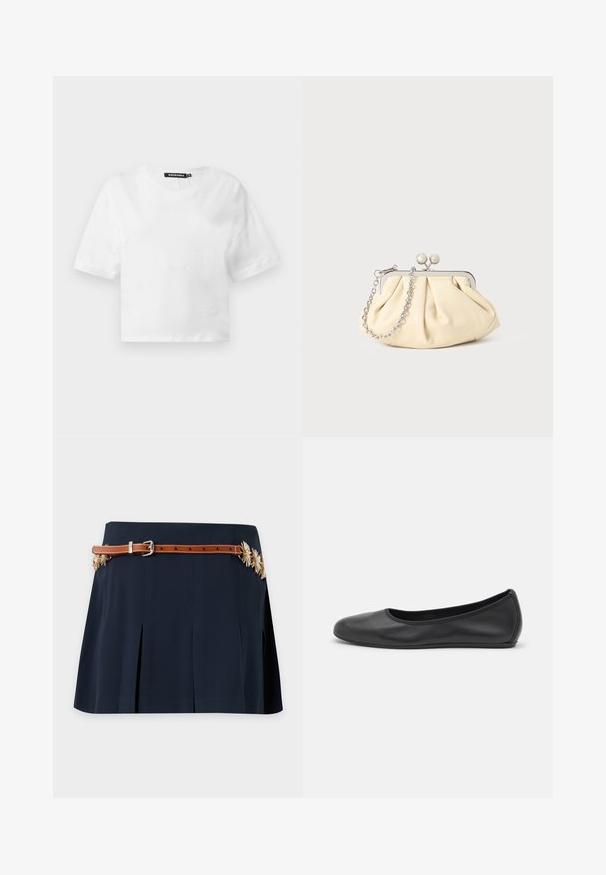 Λευκό κοντομάνικο cropped T-shirt με στρογγυλή λαιμόκοψη και μαύρη ετικέτα μάρκας στην εσωτερική πλευρά του γιακά, εμφανιζόμενο σε απλό ανοιχτόχρωμο φόντο.; Σκούρα μπλε φούστα με πιέτες, λεπτή καφέ ζώνη και χρυσές ανθισμένες διακοσμήσεις στα πλάγια.; Μαύρο δερμάτινο μπαλαρίνι με στρογγυλή μύτη, λεία υφή, ελάχιστες λεπτομέρειες ραφής και σχεδίαση ευέλικτης σόλας.; Πτυχωτό μπεζ δερμάτινο τσαντάκι με ασημένιο μεταλλικό πλαίσιο, διαθέτοντας δύο στρογγυλούς διακοσμητικούς κλειστές και μια ασημένια αλυσίδα.