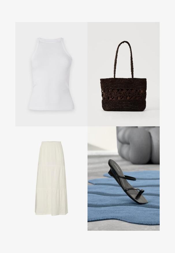 Camiseta sin mangas de canalé blanca con un diseño ajustado y escote redondo. Fabricada con una tela elástica para mayor comodidad y facilidad de movimiento.; Falda maxi blanca, en capas, hecha de una tela ligera y texturizada con una cinturilla elástica. Presenta tres secciones de tela distintas.; Sandalia negra con tiras y lazo para el dedo en una alfombra texturizada azul, con un gran objeto decorativo gris desenfocado en el fondo.; Bolso tote de color marrón oscuro tejido con patrones florales y dos asas largas trenzadas sobre un fondo claro y sencillo.