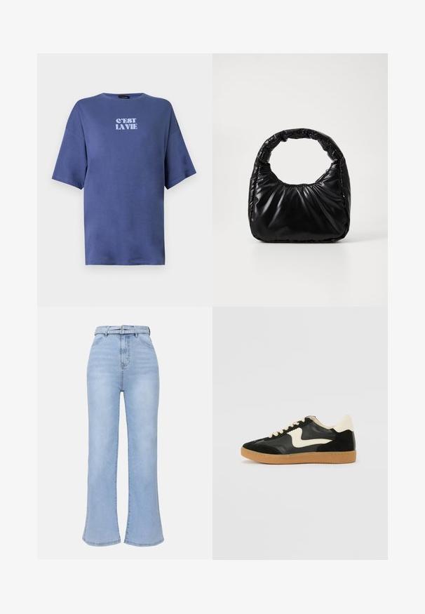 T-shirt bleu oversize à manches courtes avec col rond et texte blanc "C'EST LA VIE" centré sur la poitrine.; Even&Odd by Zalando Jean flare - light blue wash; Baskets en daim et cuir noir avec un swoosh latéral crème et un talon crème clair. Dotées de lacets beige et d'une semelle en caoutchouc gomme.; Sac à main noir rembourré avec une poignée arrondie, présentant une surface lisse et brillante ainsi qu'une texture douce et matelassée. Pas de quincaillerie ou d'accents visibles.