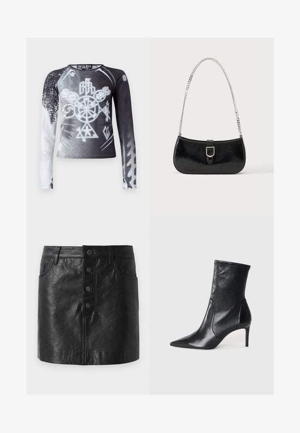 Camiseta de manga larga con un degradado en blanco y negro, que presenta símbolos gráficos en tonos de gris. Fabricada con un tejido suave y ligero.; Falda de cuero negra con una cintura alta, cierre de botones en la parte delantera, dos bolsillos laterales y una forma ligeramente acampanada. Acabado texturizado.; Botas negras hasta el tobillo hechas de cuero suave, con punta afilada, caña ajustada y tacón alto delgado. Diseño minimalista sin herrajes visibles.; Bolso de hombro de charol negro con detalle de hebilla plateada y correa de cadena plateada, presentado sobre un fondo liso y claro.
