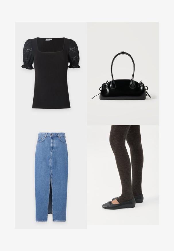 Schwarzes geripptes Oberteil mit quadratischem Ausschnitt und kurzen, puffärmeligen Ärmeln aus Spitze. Hat einen taillierten Schnitt und geraffte Ärmelabschlüsse.; Hellblaues Denim-Midi-Rock mit einem vorderen Schlitz, klassischem Fünf-Taschen-Design und einem oberen Knopfverschluss. Der Stoff hat eine leichte Textur.; Beine in dunklen, gerippten Leggings kombiniert mit schwarzen Ballerinas mit kleinen Schleifendetails auf weißem Hintergrund.; Kleine schwarze glänzende Handtasche mit zwei langen Griffen und seitlichen Kordelzug-Details vor einfachem hellem Hintergrund.