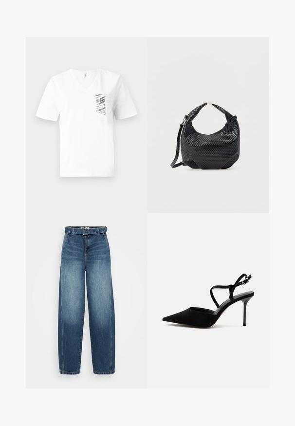 Witte katoenen T-shirt met V-hals, voorzien van een zilver gestreept zakontwerp. Korte mouwen en een losse pasvorm.; Blauwe denim hoge taille wijde pijpen jeans met een bretel taille, met een vervaagde wassch. Rechte snit en minimale stikseldetails.; Zwarte pumps met spitse neus, smalle stilettohak en dunne enkelbandjes met een zilveren gesp op een witte achtergrond.; Zwart gevlochten lederen handtas met korte handgreep en afneembare schouderriem, getoond tegen een effen lichte achtergrond.