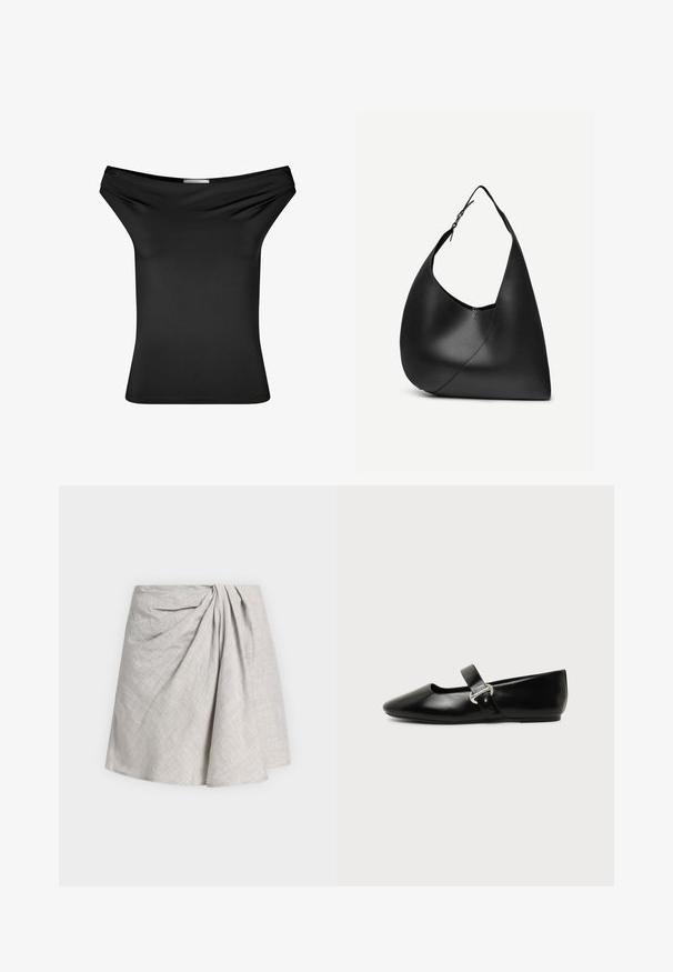 Top noir décolleté en tissu extensible lisse. Design ajusté avec un col drapé, des manches courtes et un ourlet droit.; Jupe gris clair longueur genou avec plis drapés et texture subtile en croisillons, présentée sur un fond blanc uni.; Chaussure plate Mary Jane en cuir noir avec bout arrondi et bride à boucle argentée sur fond uni.; Sac à épaule en cuir noir avec forme triangulaire incurvée, une seule sangle ajustable, et une couture diagonale visible à l'avant.