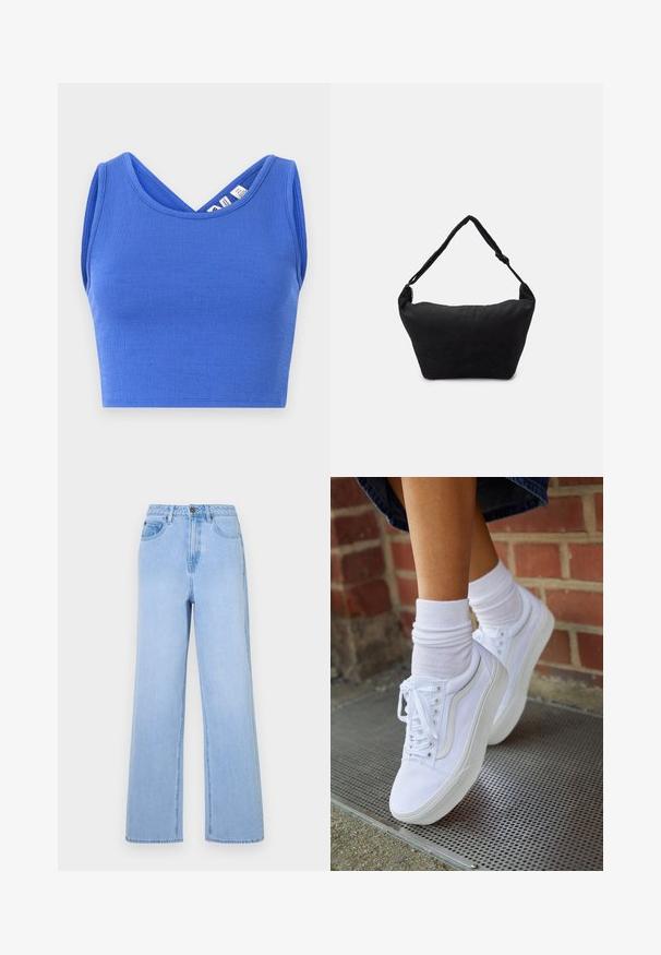 Top court bleu en matériau texturé. Présente un design à col en V et une coupe sans manches avec une silhouette ajustée.; Jean taille haute bleu clair avec une coupe évasée, en denim. Comprend des coutures visibles et un style à cinq poches.; Baskets en toile blanches avec semelles en caoutchouc, dotées de six œillets, d'un bout rond et de détails de couture légers, portées avec des chaussettes blanches mi-mollet.; Sac à épaule en tissu noir avec une surface texturée douce, de forme arrondie et une seule sangle. Design minimaliste sans accessoires ni quincaillerie visibles.