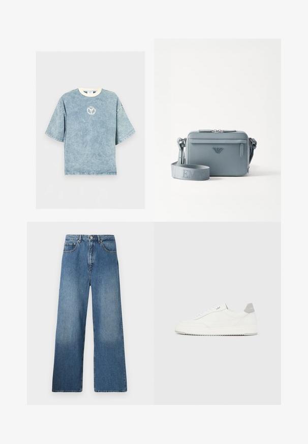 T-shirt oversize bleu délavé à manches courtes avec une encolure ronde blanche et un petit logo circulaire délavé sur la poitrine.; Jean en denim bleu à jambes évasées avec un design classique à cinq poches, fermeture à bouton à l'avant et légères décolorations pour ajouter de la texture.; Baskets basses blanches avec un onglet de talon gris, des lacets blancs et une semelle texturée, présentées sur un fond uni clair.; Sac à bandoulière structuré bleu en matériau texturé, avec une fermeture éclair, une poche avant et une sangle réglable arborant le logo "EMPOR".