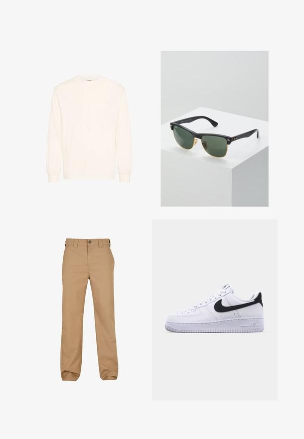 Dlhý rukáv z off-white bavlny s okrúhlym výstrihom a elastickými manžetami, s minimalistickým dizajnom a mäkkou textúrou.; Hnedé bavlnené chinos nohavice so striovou nohavicou, zapínaním na gombík a pútkami na opasok. Hladká textúra, s jemnými prednými záhybmi a vreckami.; Biele kožené tenisky s textúrovaným čiernym Swooshom, plochými šnúrkami a gumovou podrážkou s ryhovaným vzorom. Na päte je embosovaný nápis "AIR".; Slnečné okuliare Ray-Ban so zelenými sklami, čiernymi plastovými rámami a zlatými akcentami na okrajoch. Štvorcový tvar s matným povrchom.