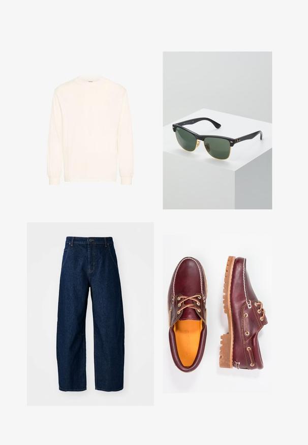 Langærmet skjorte i off-white bomuld med rund hals og elastiske manchetter, der har et minimalistisk design og blød tekstur.; Bredde ben mørk denim jeans med høj talje, som har fem lommer, knaplukning foran og synlige syninger.; Bordeaux lædersko med brune gummisåler, rund tå, hvid syning og gyldne snøringer. Indersiden har et gult for.; Ray-Ban solbriller med grønne linser, sorte plastikstel og gyldne detaljer ved kanterne. Firkantet form med mat finish.