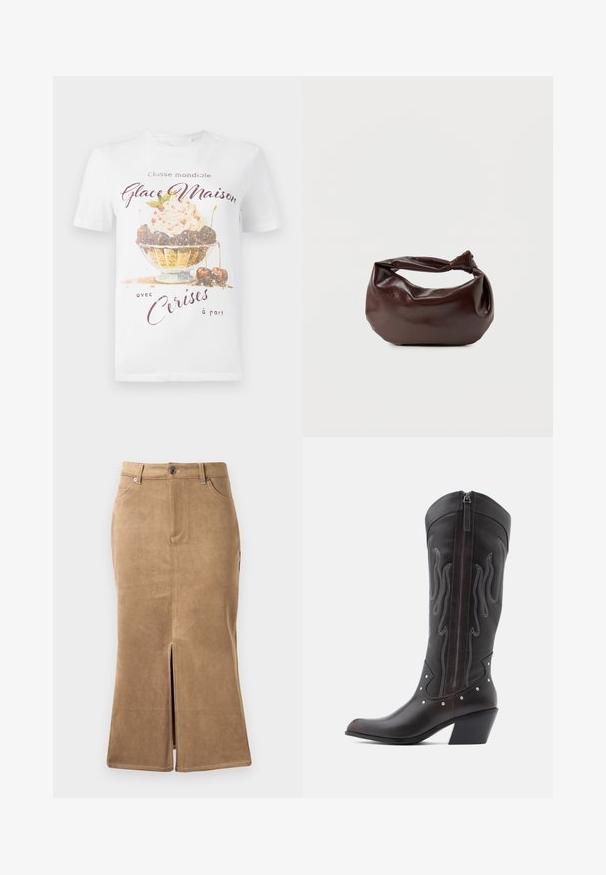 Weißes Baumwoll-T-Shirt mit einem bunten Eisschalen-Grafikdesign, das Kirschen und Text in lila und goldenen Akzenten zeigt. Kurze Ärmel und Rundhalsausschnitt.; Brauner Wildleder-Midirock mit einem Schlitz vorne, kontrastierender Naht und fünf Taschen. Glatte Textur und taillierte Form.; Braune Cowboy-Stiefel aus Leder mit Flammenstickerei, seitlichem Reißverschluss, silbernen Nieten, spitzer Zehenpartie und geschichtetem Absatz.; Dunkelbraune Lederschultertasche mit weicher, lockerer Form und einem gedrehten Knotengriff vor schlichtem weißem Hintergrund.