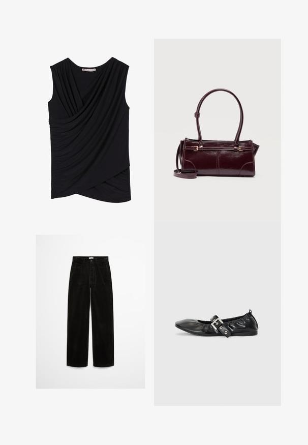 Un haut noir sans manches avec un devant drapé, présentant une texture froncée sur les côtés et un ourlet légèrement asymétrique. Matière en tissu doux.; Pantalons en velours côtelé noir à jambes larges avec fermeture à bouton, poches avant et surface douce et texturée. Le design est droit avec une coupe classique.; Chaussure plate en cuir noir avec un nez pointu, des détails froncés autour de l'ouverture et un accent en boucle argentée sur la bride ajustable.; Sac à main rectangulaire en cuir bordeaux foncé avec double poignée, boucles latérales réglables et une fine bandoulière détachable sur fond blanc.
