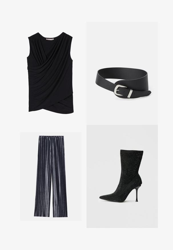 Un haut noir sans manches avec un devant drapé, présentant une texture froncée sur les côtés et un ourlet légèrement asymétrique. Matière en tissu doux.; Pantalons à jambes larges en marine avec des rayures verticales argentées. Confectionnés dans un tissu doux et texturé, ils disposent d'une taille élastiquée pour plus de confort.; Botte noire à talons hauts avec un bout pointu, recouverte de strass scintillants, dotée d'une tige en tricot extensible et d'un talon aiguille élégant.; Ceinture en cuir noir au design plat, dotée d'une boucle en métal argenté et de trous réglables pour le maintien. Texture lisse et sans motifs visibles.
