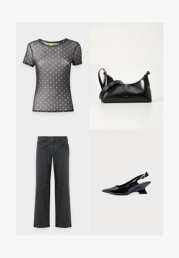 JJXX JXBLAKE MESH TOP - Μπλουζάκι με στάμπα - black; Σκούρα γκρι τζιν με φαρδιά ίσια πατούρα, κατασκευασμένα από denim, με τυπική μέση, πέντε τσέπες και κλείσιμο με κουμπί. Ομαλή υφή και ομοιόμορφη ραφή.; Μαύρο παπούτσι slingback από πατενταρισμένο δέρμα με μυτερή μύτη και χαμηλό κεκλιμένο τακούνι τύπου block σε απλό φωτεινό φόντο.; Μαύρη δερμάτινη τσάντα χειρός με λεία υφή. Διαθέτει ρυθμιζόμενο λουρί και κομψό, μινιμαλιστικό σχέδιο με φερμουάρ.