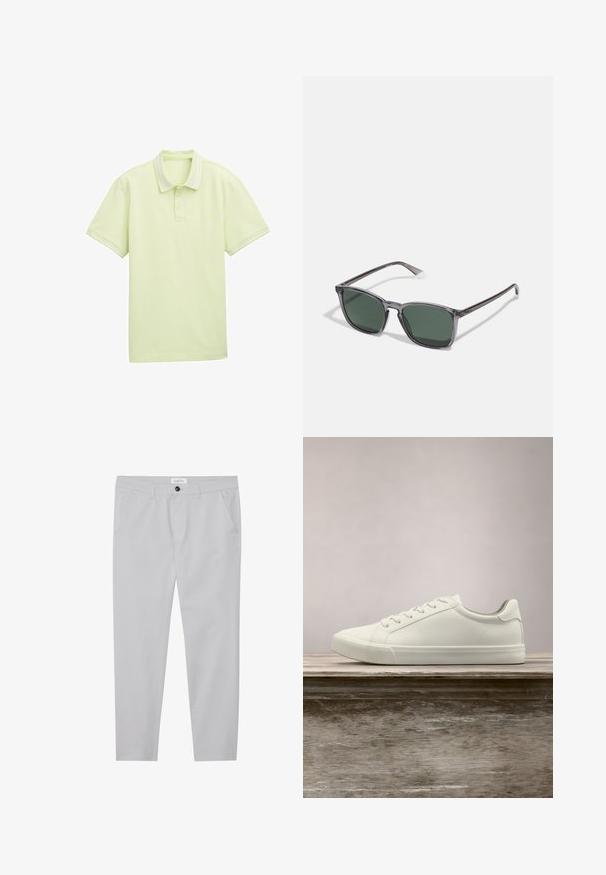 Polo de color verde claro, de manga corta, fabricado en tejido suave, con tres botones en la parte frontal, detalles de rayas blancas en el cuello y los bordes de las mangas. Logotipo sencillo en la parte delantera.; Pantalones gris claro confeccionados en una tela suave, con corte slim, dos bolsillos frontales, cierre de botón y sutil detalle de textura.; Zapatilla blanca con cordones flotando sobre un banco de madera con follaje verde al fondo, mostrando el diseño y la textura del zapato.; Polaroid Gafas de sol - grey