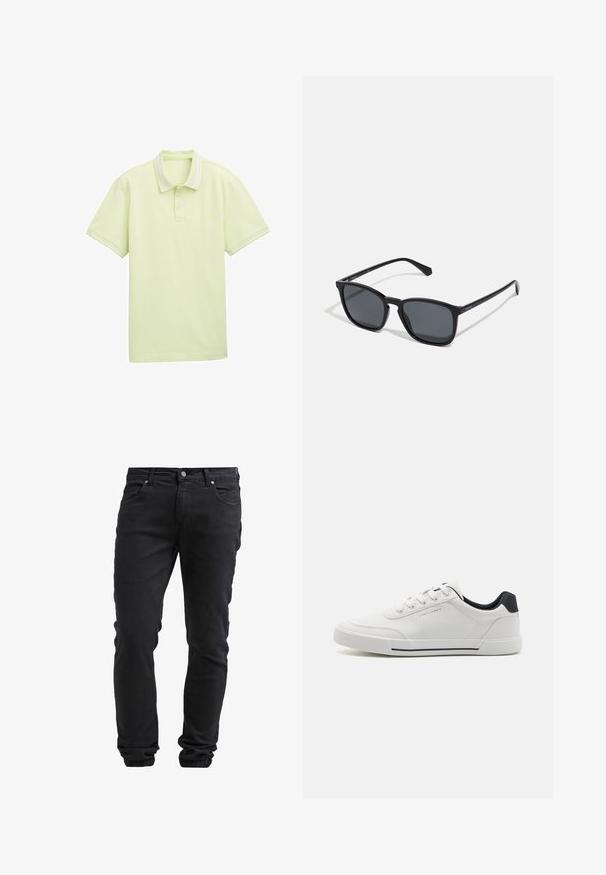 Lys grøn polo shirt, korte ærmer, blødt stof, to-knappers lukning, hvid stribe-detaljering på krave og ærmekanter. Simpelt logo foran.; Sorte slim-fit jeans med knap- og lynlås-lukning, fem lommer og elastiske manchetter ved anklerne.; Hvide sneakers med en glat syntetisk overdel, rund tå, snørebåndsdesign, marineblå accent på hælen og en tekstureret gummisål med en sort stribe.; Sorte rektangulære solbriller med mørke linser, slanke plastikrammer og lige arme. Har et diskret logo på siden.