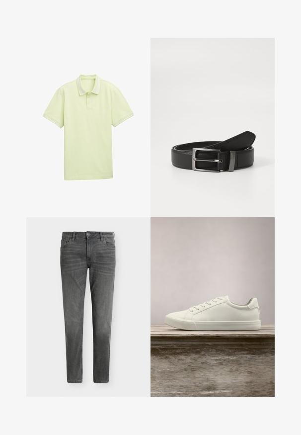 Lys grøn polo shirt, korte ærmer, blødt stof, to-knappers lukning, hvid stribe-detaljering på krave og ærmekanter. Simpelt logo foran.; Slim-fit grå denimjeans med frontknap og lynlås, bæltestropper og design med fem lommer på en ensfarvet hvid baggrund.; Hvide snørresneakers svævende over en træbænk med grønne planter i baggrunden, der fremhæver skodesign og tekstur.; Sort læderbælte med en sølvmetal spænde, der har en glat overflade og et klassisk design. Bæltet er pænt foldet.