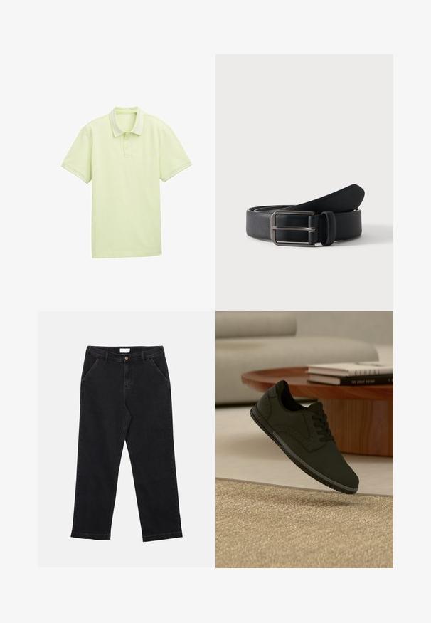 Lys grøn polo shirt, korte ærmer, blødt stof, to-knappers lukning, hvid stribe-detaljering på krave og ærmekanter. Simpelt logo foran.; Sorte denimbukser med lige skæring, der har knaplukning, fire lommer og en tekstureret stof. Simpelt og alsidigt design.; Sort afslappet sneaker svæver over et tekstureret beige tæppe med et rundt træ-sofabord og bøger i baggrunden.; Sort læderbælte rullet med rektangulært sølvfarvet metalspænde på en ensartet lys baggrund.