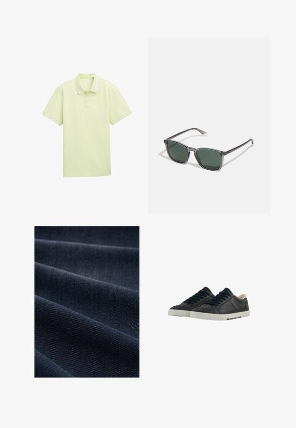 Lys grøn polo shirt, korte ærmer, blødt stof, to-knappers lukning, hvid stribe-detaljering på krave og ærmekanter. Simpelt logo foran.; Mørkeblå denimstof med en ribbet tekstur, der viser folder og bølger, hvilket fremhæver dens vægt og holdbarhed.; Marine læder sneakers med hvide gummisåler, rund tå og sorte snørebånd. Subtile teksturer og branding på siderne. Casual design.; Polaroid Solbriller - grey